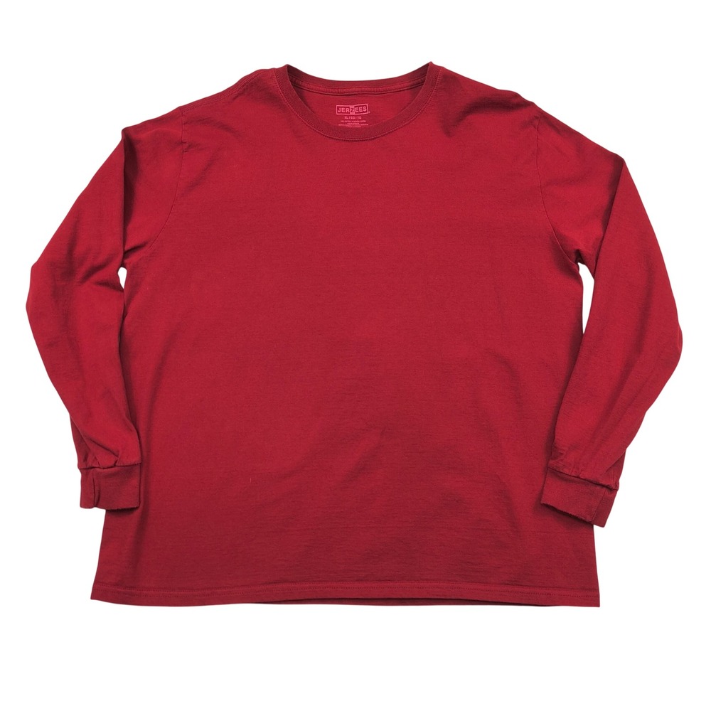 Jerzees Mens XL Red Long Sleeve T-Shirt 100% Cotton Crew Neck Basic Tee 599